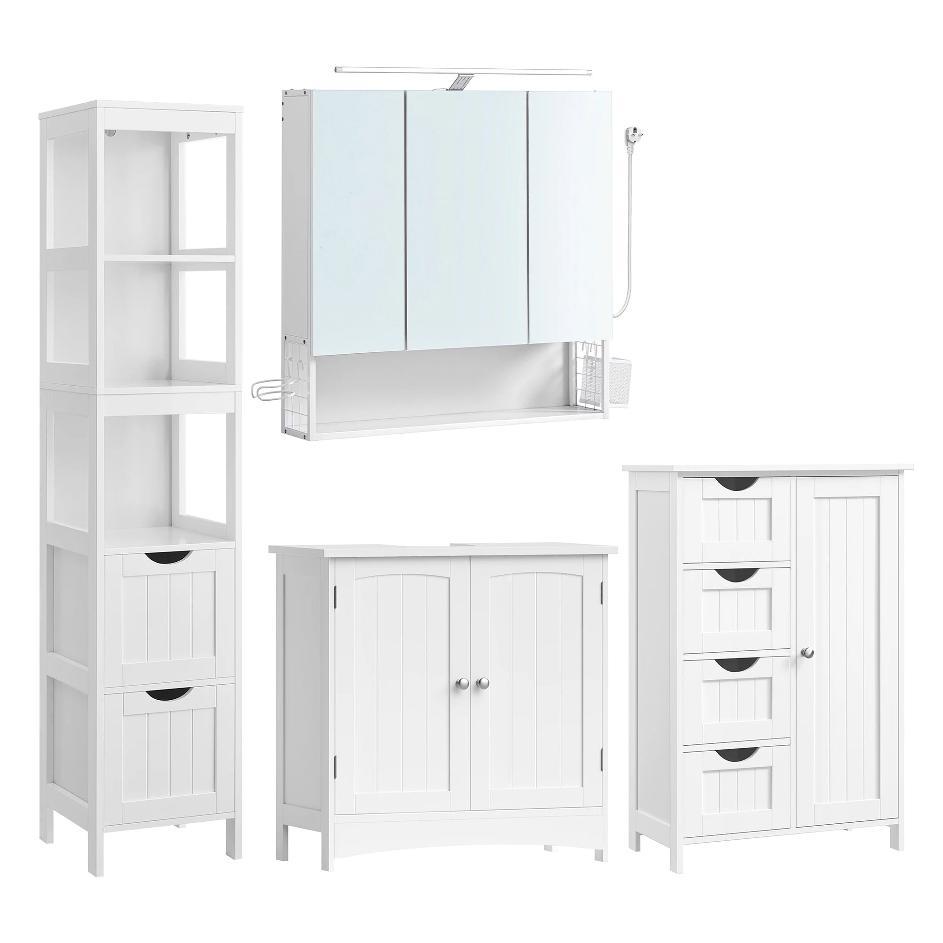 Badkamermeubelset – Badkamerkast – Opbergmeubel – Spiegelkast – Föhnhouder – Waterbestendig MDF – Kantelbeveiliging - QUORE