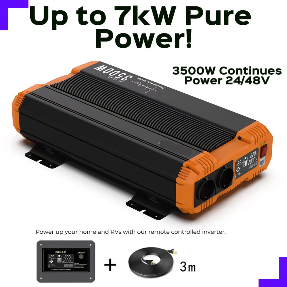 Pure Sine Wave Omvormer – Zuivere Sinusgolf Omvormer – 24V Naar 220V Omvormer – 2000W Tot 3500W – LCD Display – Brede Spanningsopties