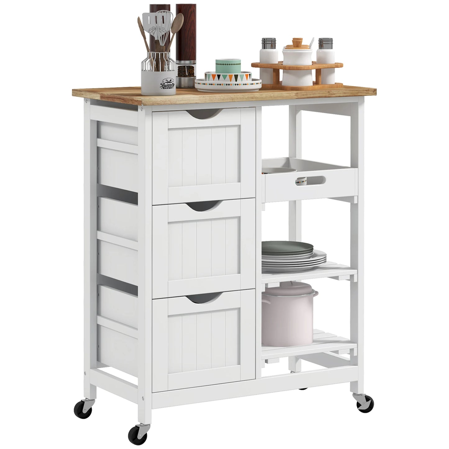HOMCOM kitchen cart with 3 drawers removable tray 67x37x85,5 cm White - QUORE