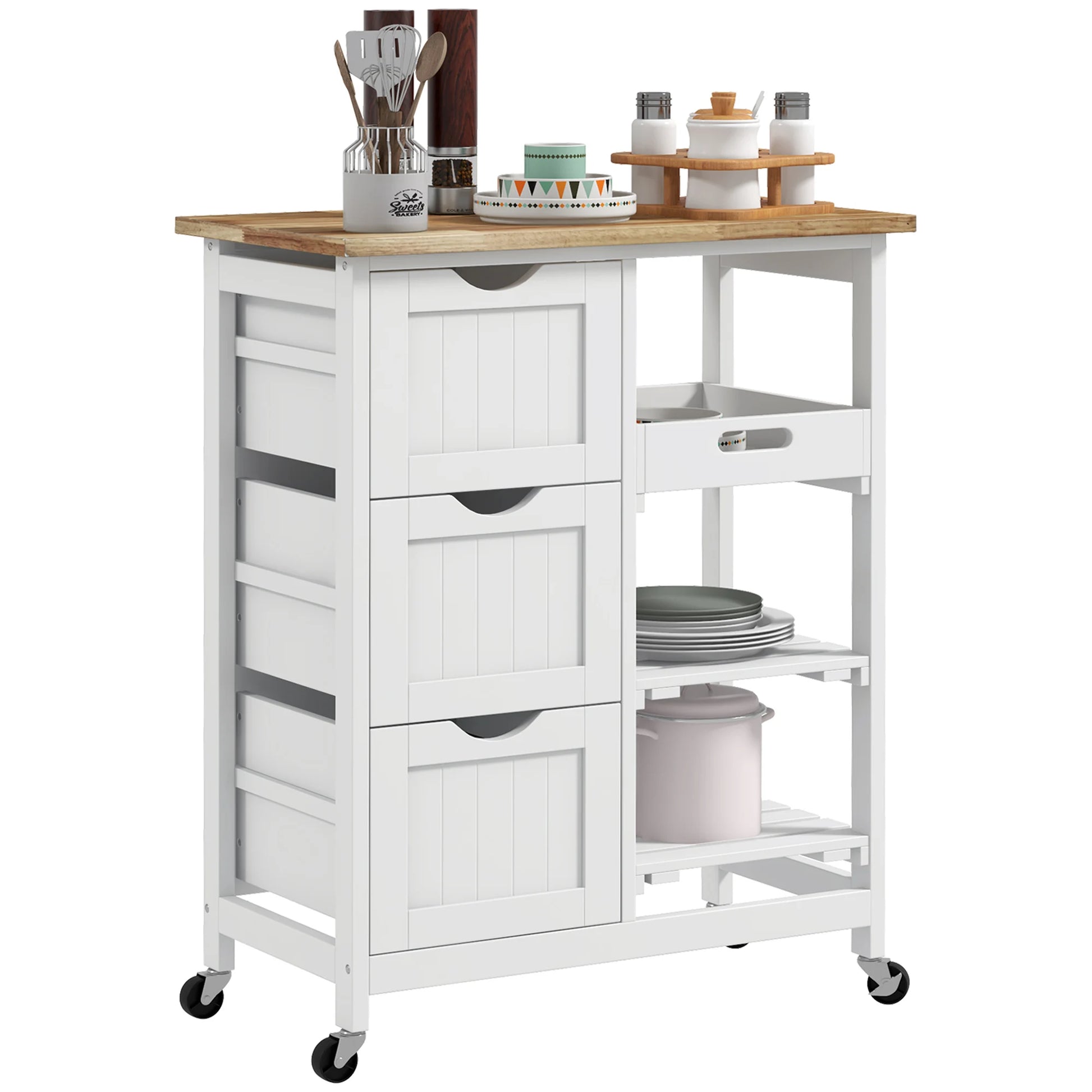 HOMCOM kitchen cart with 3 drawers removable tray 67x37x85,5 cm White - QUORE