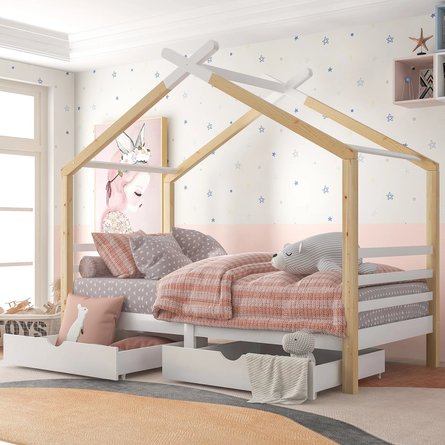 Kinderbed Huisjesvorm – Kinderbedje – Bedhuis – Speelbed – Houten Bed – Wit – 90x200 cm – Stevig Grenenhout – Met Opbergladen en Lattenbodem