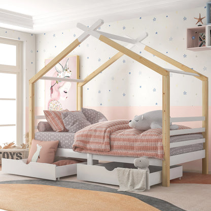 Kinderbed Huisjesvorm – Kinderbedje – Bedhuis – Speelbed – Houten Bed – Wit – 90x200 cm – Stevig Grenenhout – Met Opbergladen en Lattenbodem
