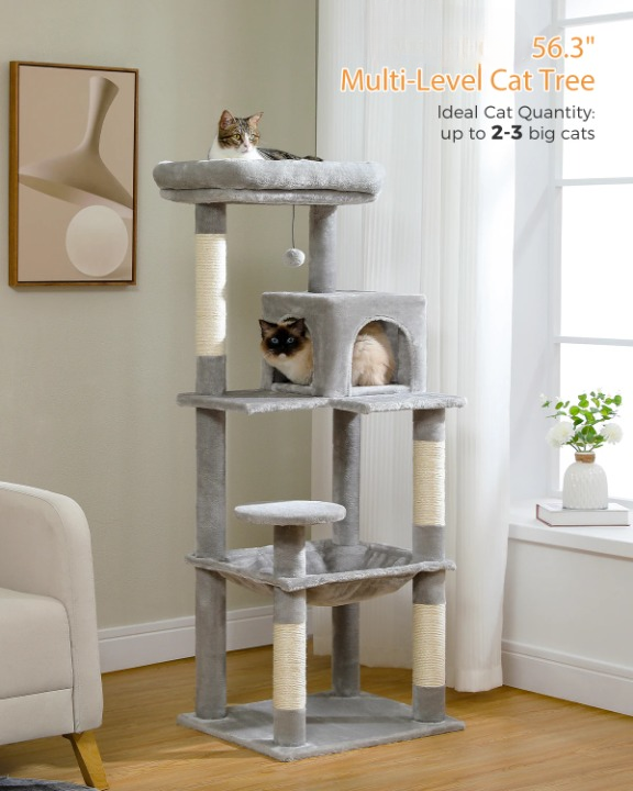 Kattenboom -  Krabpaal - Luxe Krabpaal met Meerdere Niveaus – Kattentoren met Huisje & Krabpalen – Stabiele Kattenboom voor Binnen – Kattenaccessoires & Speelgoed - Large -  143cm - Grijs