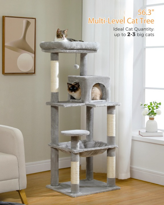 Kattenboom -  Krabpaal - Luxe Krabpaal met Meerdere Niveaus – Kattentoren met Huisje & Krabpalen – Stabiele Kattenboom voor Binnen – Kattenaccessoires & Speelgoed - Large -  143cm - Grijs