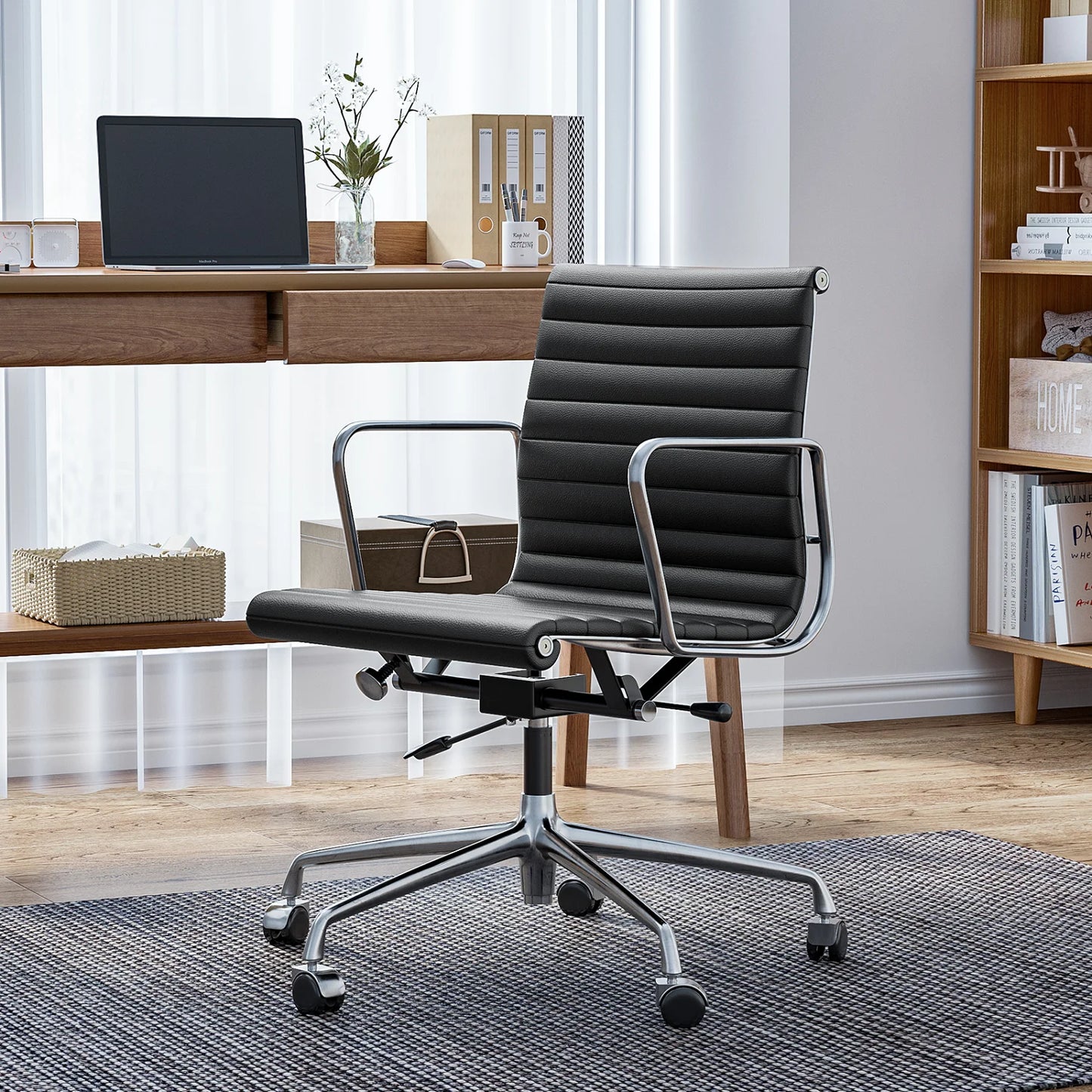 Bureaustoel – Werkstoel – Kantoorstoel – Ergonomische Stoel – Stoel Met Echt Leer – Aluminium Frame – S-vormige Rugleuning - met Lage Rug