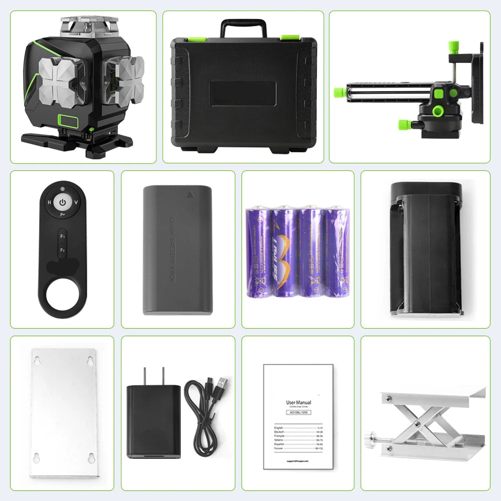 4D Laser Waterpas – Groene Laser – Zelfnivellerend – Meetinstrument – 16 Lijnen – Li-Ion Batterij – IP54 Bescherming