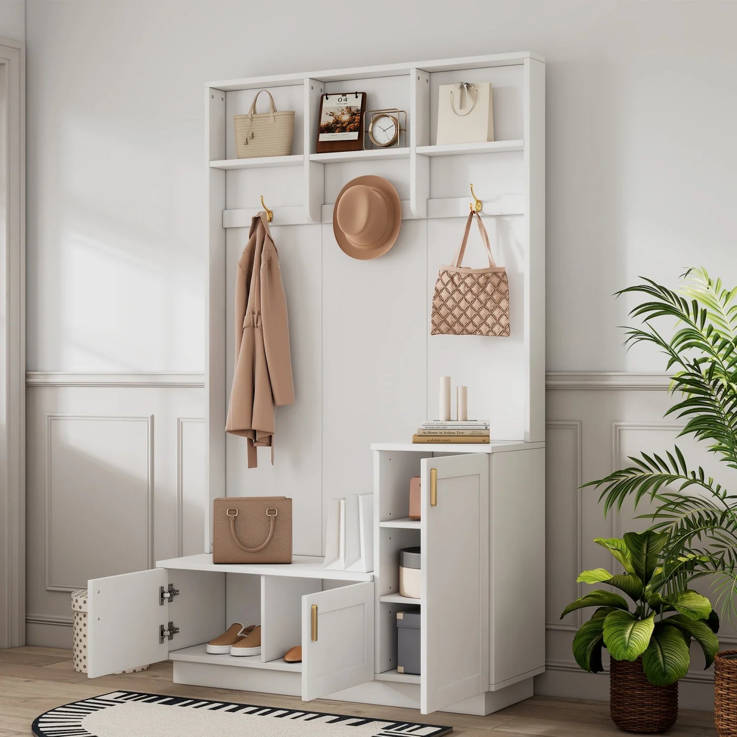 Houten Garderobekast – Halmeubel – Schoenenrek – Zitbank – Kapstok – Verstelbare Schoenenplank – Compacte Afmetingen 200x120x40 cm – Wit Spaanplaat