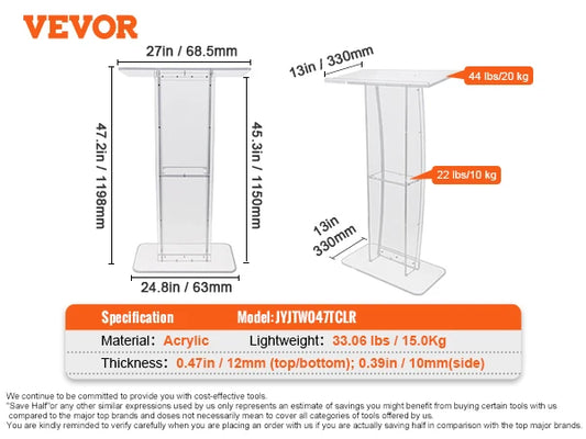 SucceBuy 47" Acrylic Podium Stand Floor-Standing Clear Pulpit Acrylic Desktop Lecterns w/ Storage Shelf for Church Office School