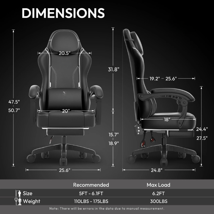 Gaming Stoel - Bureaustoel - Swivel Stoel - met Voetsteun - Hoofdsteun - Verstelbare - Rugleuning - Lendensteun - Ergonomische - Draaibare - Zwart
