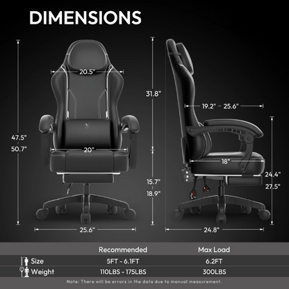 Gaming Stoel - Bureaustoel - Swivel Stoel - met Voetsteun - Hoofdsteun - Verstelbare - Rugleuning - Lendensteun - Ergonomische - Draaibare - Zwart
