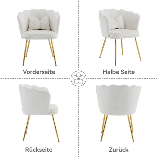 Eetkamerstoelen – Set van 2 - Velours Stoel – Lounge Stoel – Fluwelen Fauteuil – Design Fauteuil – Bloembladdesign – Ergonomisch Zitcomfort – Vergulde Metalen Poten - Wit