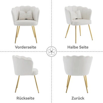 Eetkamerstoelen – Set van 2 - Velours Stoel – Lounge Stoel – Fluwelen Fauteuil – Design Fauteuil – Bloembladdesign – Ergonomisch Zitcomfort – Vergulde Metalen Poten - Wit