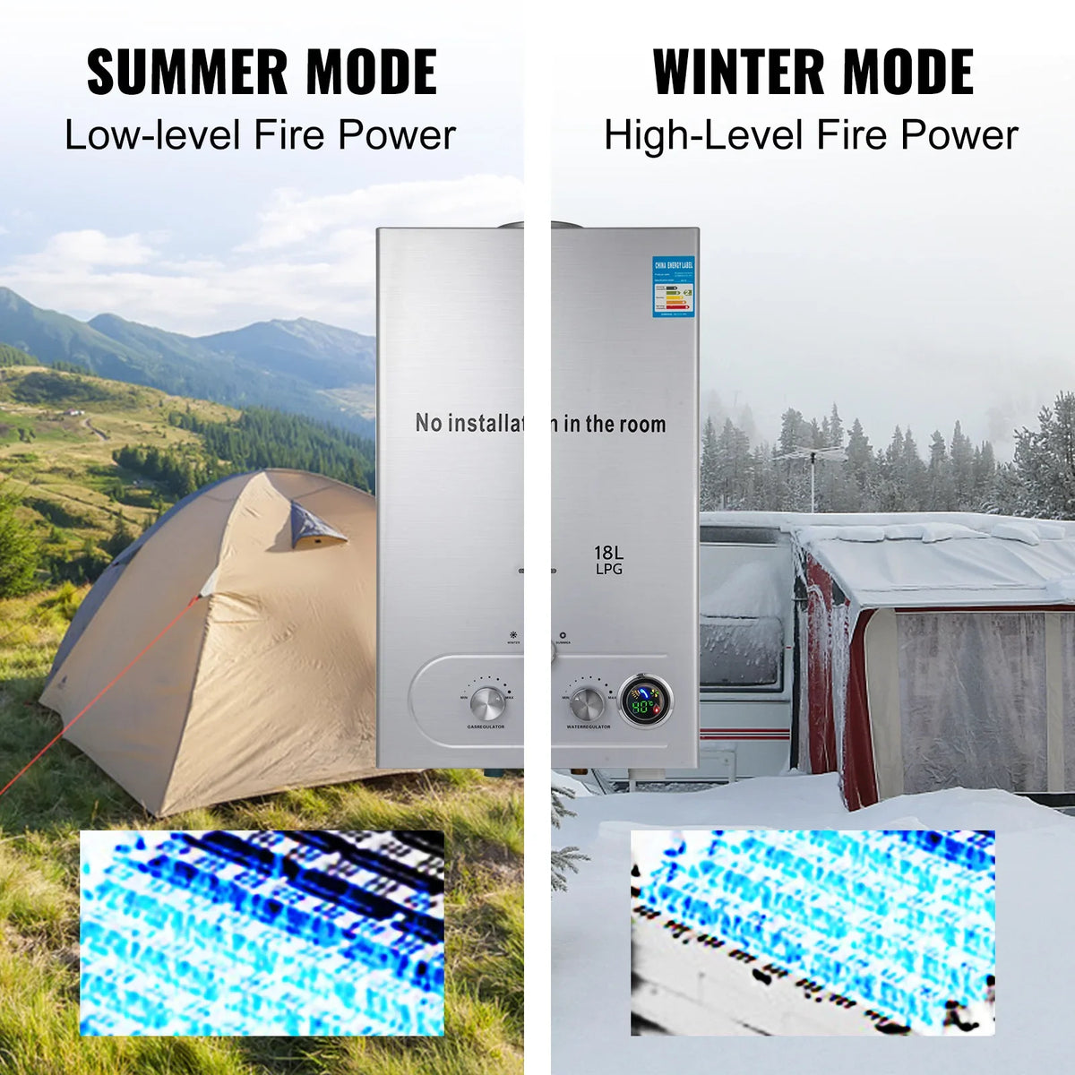Vevor - Draagbare doorstroomwaterverwarmer - 18L - 36KW - LPG Propaangasverwarmer - Tankloos - Muurbevestiging - Zilver - QUORE