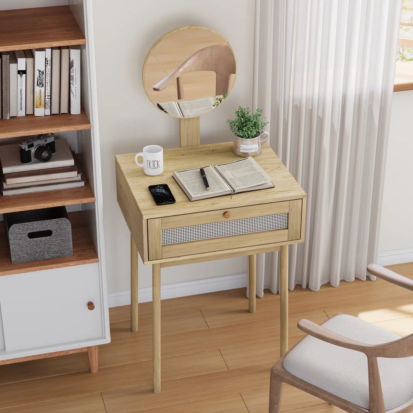 Rattan Makeup Table With Mirror, Makeup Table With Drawer Suit For Small Spaces, For Bedroom, Office, Without Chair, Wood Color