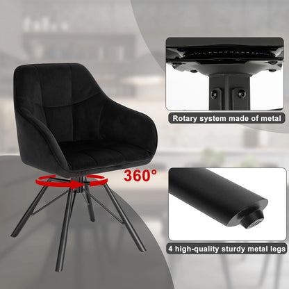 Draaibare Eetkamerstoel – Set van 2 - Eetkamerstoel – Stoel – Draaistoel – Comfortabel – Velvet Bekleding – 360° Draaibare Zitting - Fluweel - Zwart - QUORE
