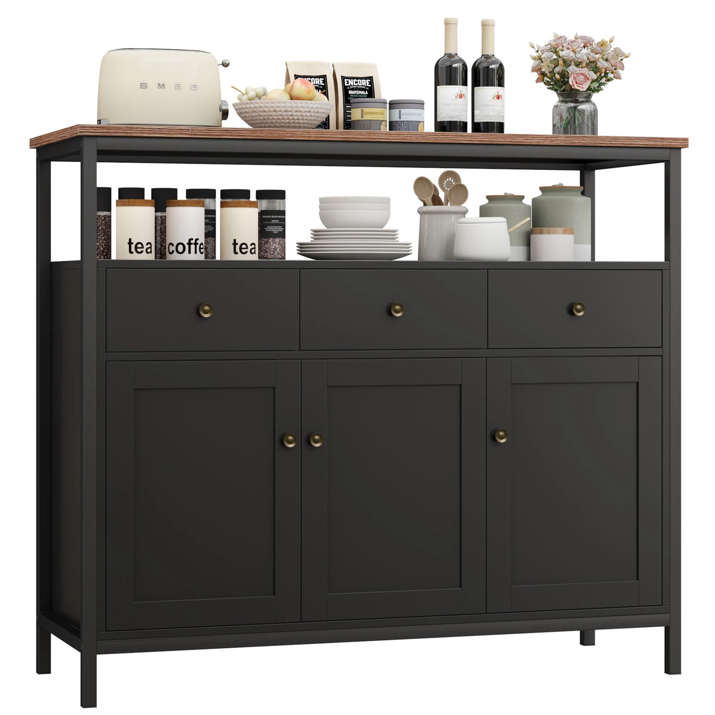 Zwarte Dressoir – Dressoir Kast – Opbergkast – Buffetkast – Sideboard – 108x38x98,5 cm – Stevig Houten Frame – Verstelbare Plank