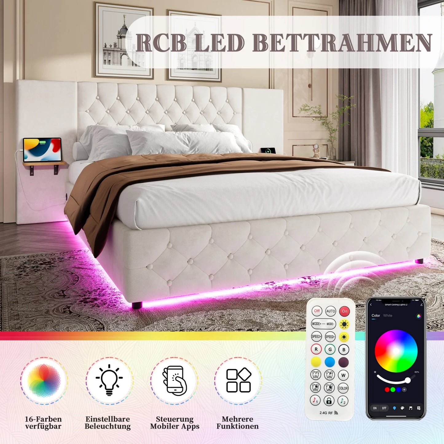 Bedframe – Bed – Tweepersoonsbed – Boxspring – Opbergbed – Met Hydraulisch Opklapsysteem – Ingebouwde LED-Verlichting