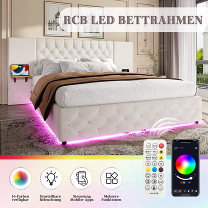 Bedframe – Bed – Tweepersoonsbed – Boxspring – Opbergbed – Met Hydraulisch Opklapsysteem – Ingebouwde LED-Verlichting