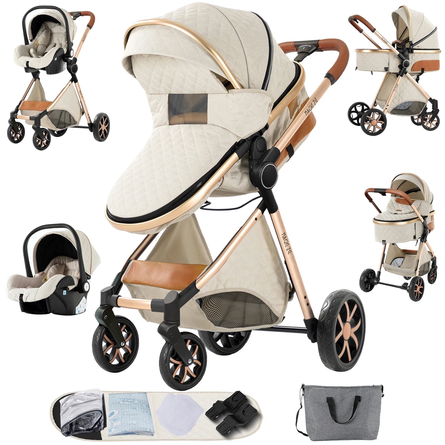 3-in-1 High Landscape Baby Stroller Travel System Bassinet Car Seat Lightweight Frame with One-Hand Folding Feature Baby Items - QUORE