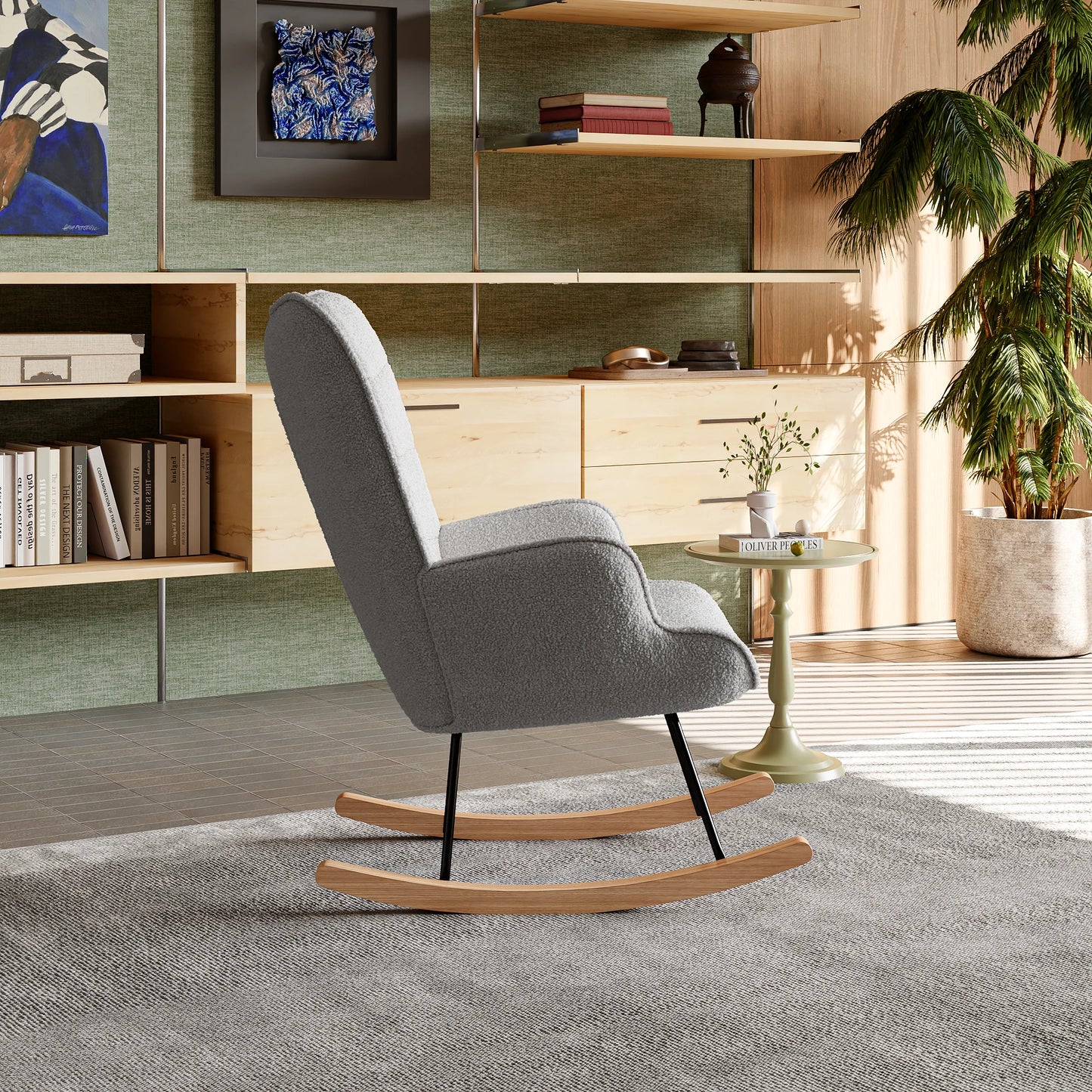 Schommelstoel – Relaxstoel – Schommelfauteuil – Lounge Stoel – Fauteuil – Teddyfluweel Bekleding – Ergonomisch Ontwerp – Stevig Metalen Frame – Compact Formaat