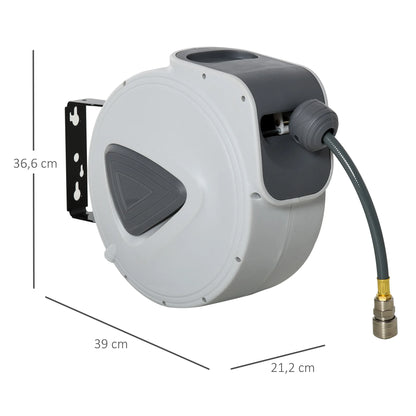 Wandslangenbox - Wandslanghaspel - Slanghouder - Tuinslang - Muur Gemonteerd - Automatisch Oprolsysteem - 180° Intrekbare Beugel - 15m - 39 x 21.2 x 36.6 cm - Lichtgrijs - QUORE