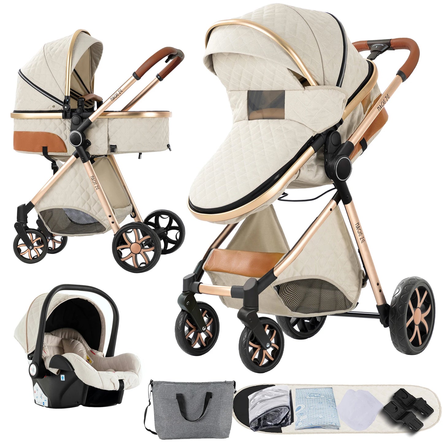 3-in-1 Kinderwagen – Babywagen – Wandelwagen – Autostoel – Buggy – Ivory White – Lichtgewicht Katoen – Compact Vouwbaar