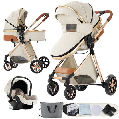 3-in-1 Kinderwagen – Babywagen – Wandelwagen – Autostoel – Buggy – Ivory White – Lichtgewicht Katoen – Compact Vouwbaar