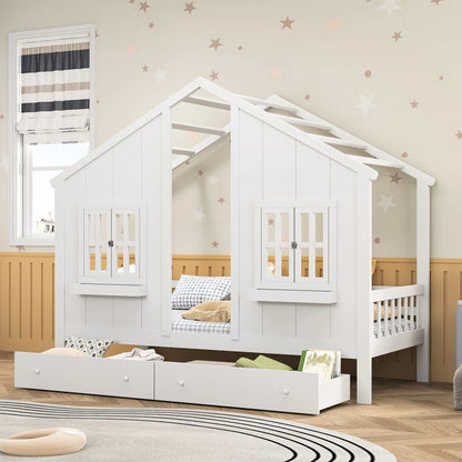 Kinderbed – Huisbed – Bedhuisje – Kinderbed Met Opberglade – Grenenhout – 90x200 Cm Matrasmaat