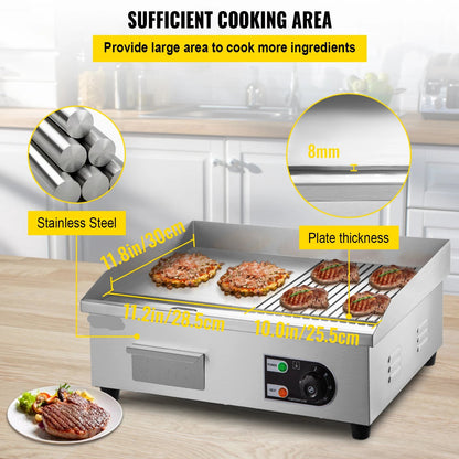 Elektrische Grillplaat - 2000W – Grillplaat - Teppanyaki Grill - Roestvrij Staal – 50-300°C Temperatuurregeling – 14 inch - Voor Horeca -en Thuisgebruik - Ruim Bakoppervlak
