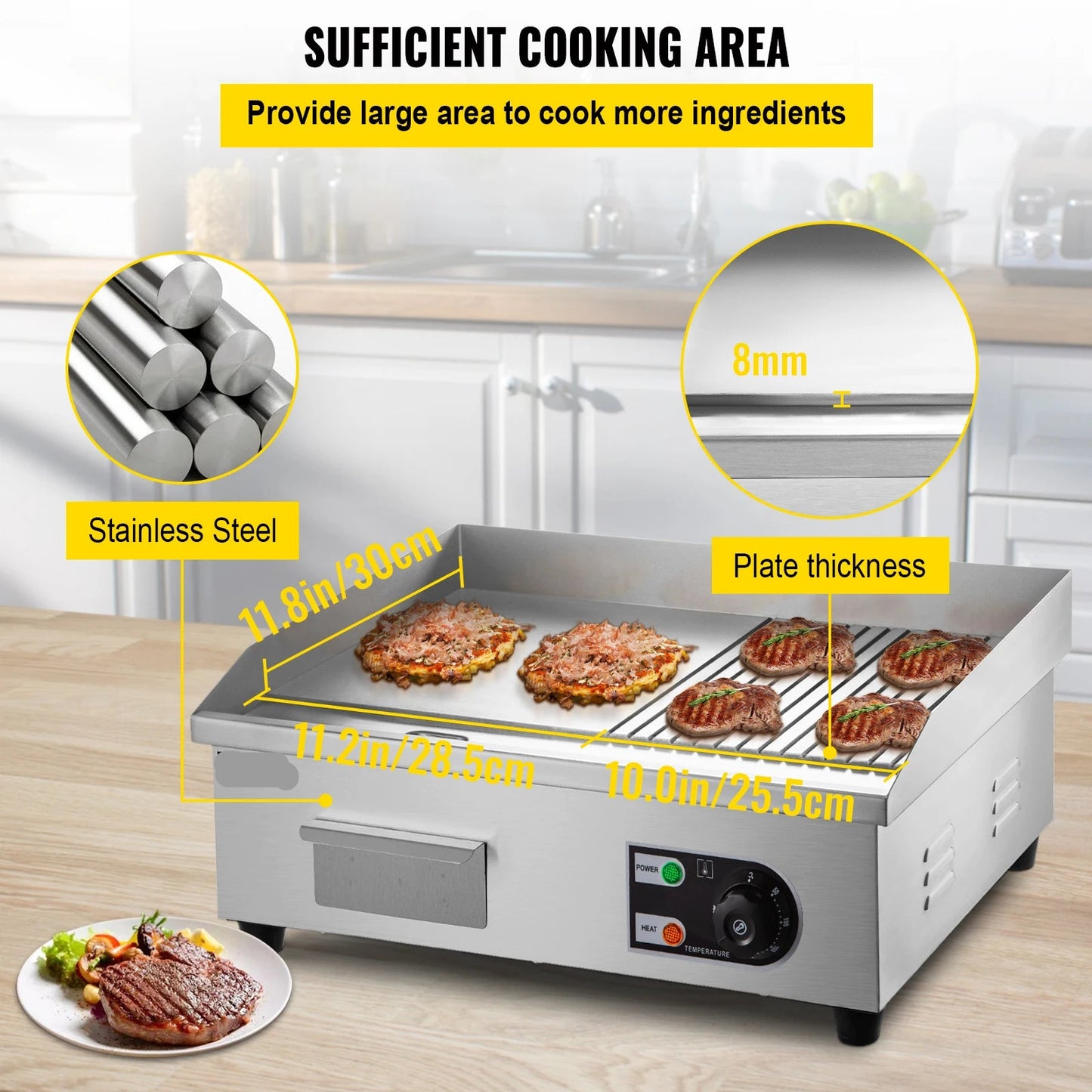 Elektrische Grillplaat - 2800W – Grillplaat - Teppanyaki Grill - Roestvrij Staal – 50-300°C Temperatuurregeling – 18 inch - Voor Horeca - en Thuisgebruik - Ruim Bakoppervlak
