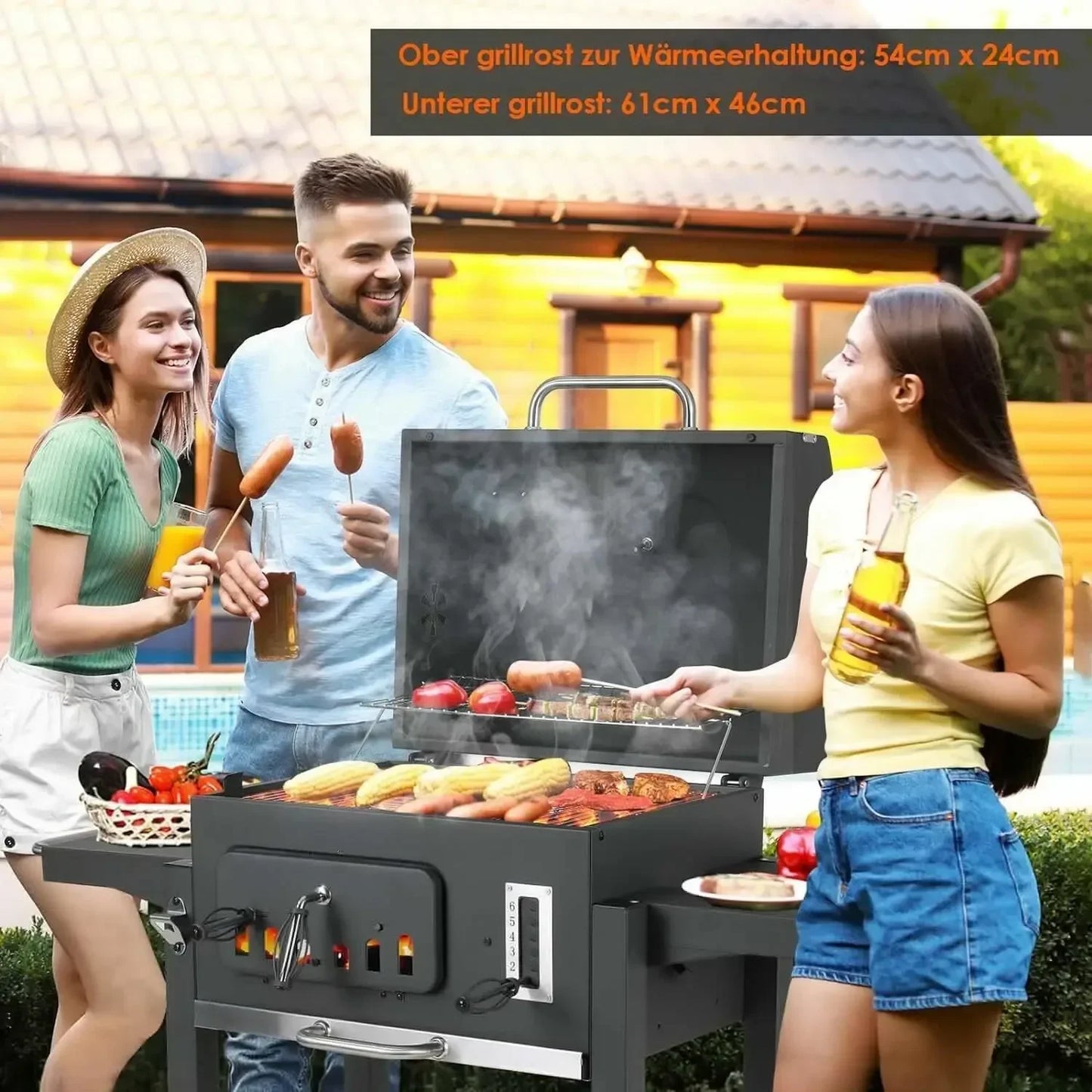 Houtskoolbarbecue – BBQ Grill – Barbecue – Houtskool BBQ – Tuinbarbecue – Grote Grillruimte 64x46 cm – Verstelbare Houtskoollade Met Thermometer - QUORE