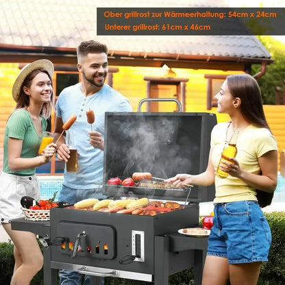 Houtskoolbarbecue – BBQ Grill – Barbecue – Houtskool BBQ – Tuinbarbecue – Grote Grillruimte 64x46 cm – Verstelbare Houtskoollade Met Thermometer - QUORE