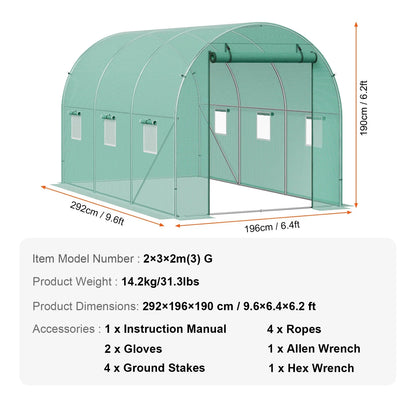 Walk-in Tunnelkas - Tuinkas - Tunnelserre - Grote - Stalen Frame - Weerbestendige - Plantenkas met Vensters - Voor Tuin - en Kleine Boerderij - 10x7x7ft - Groen