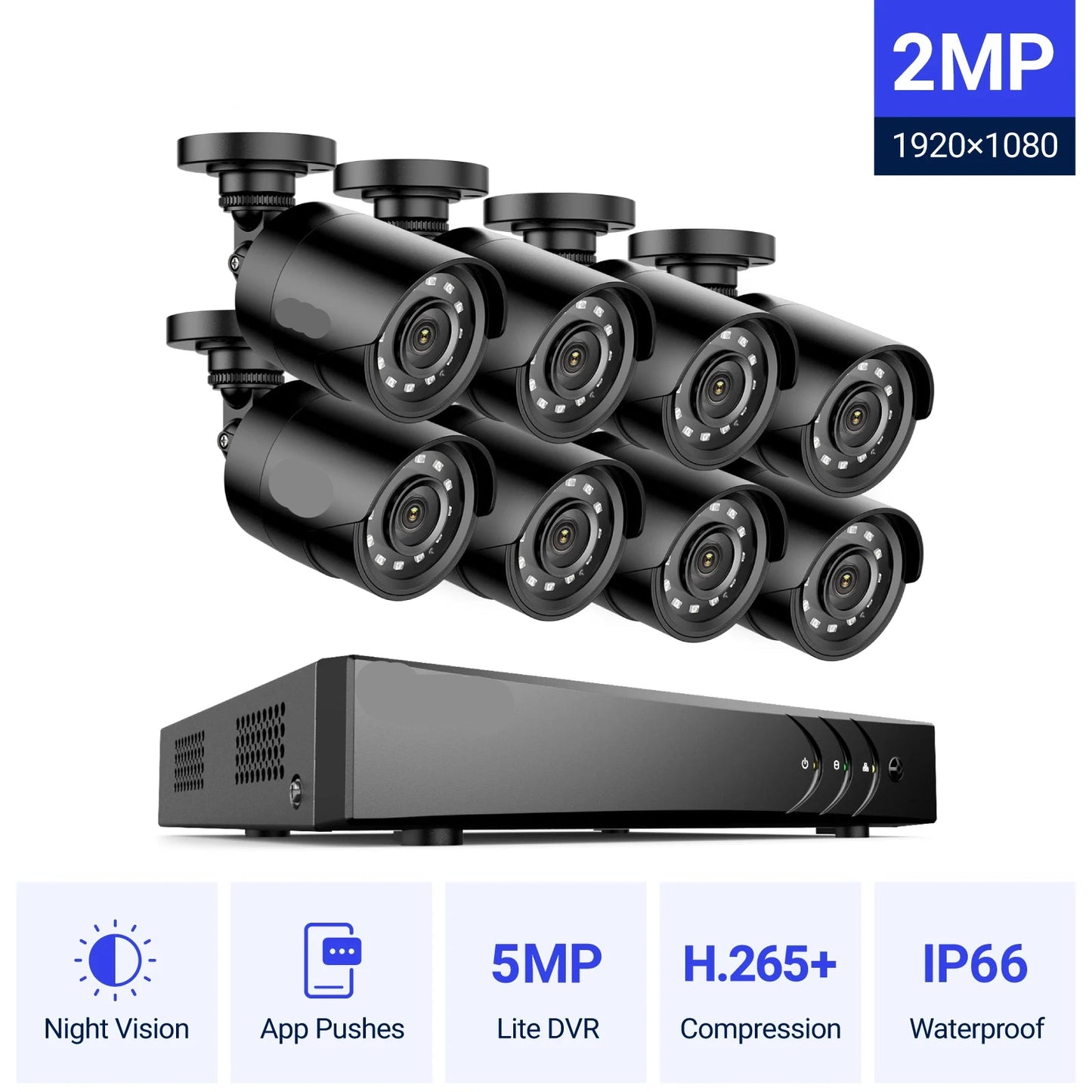 8-Kanaals Beveiligingscamera Set – HD Camera Set – Bewakingscamera – Nachtzicht Camera – Weersbestendig – 1080p Full HD – 6TB Opslag - Ingebouwde HDD: 1T