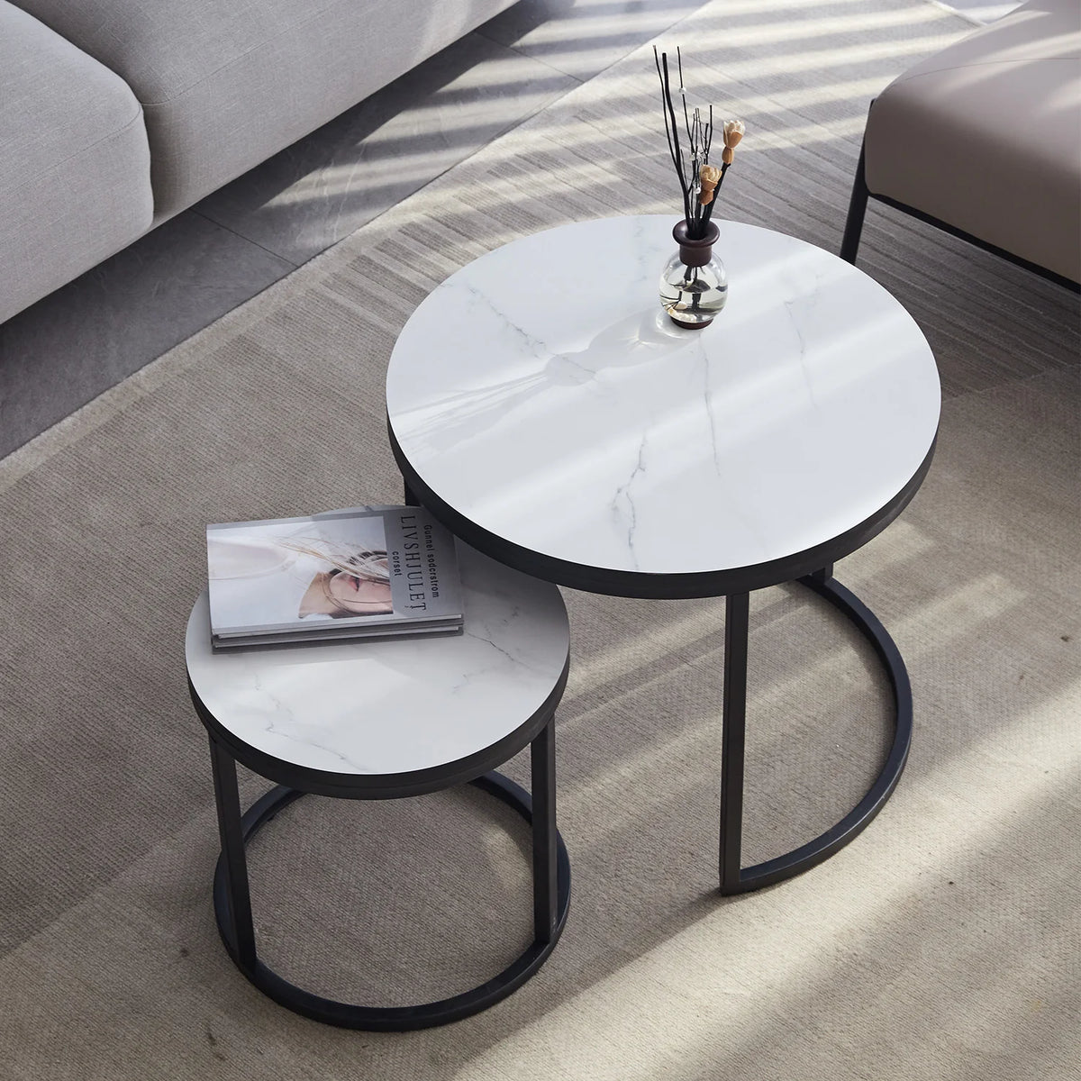 Salontafel Rond - Scandinavische Salontafel 2 In 1 - Ronde Theetafel - Theetafelset - Theetafel Modern -Bijzettafel - Set - Woonkamer.