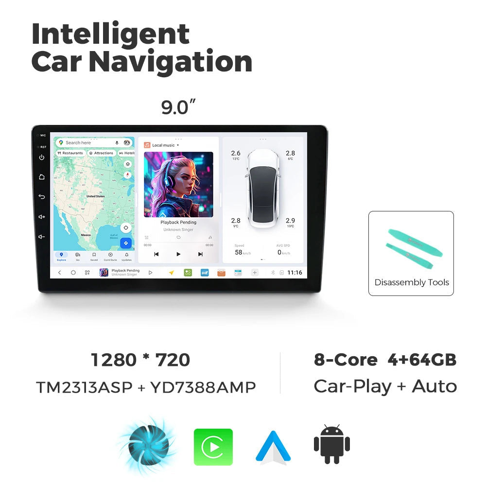 Multimedia Radio Auto – Car Audio Systeem – Auto Entertainment – Touchscreen Radio – 9,5 Inch Scherm – Android 13 OS – Draadloze CarPlay & Android Auto – 8-Core A7870 Processor – 2000x1200 Resolutie