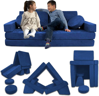Zetel - Kinderbank - Kinderzetel - Bankje - Bank - Modulaire - Sectie Sofa - Fortplay Meubel - voor Slaapkamer en Speelkamer – Converteerbare Schuim & Vloerkussen - Blauw