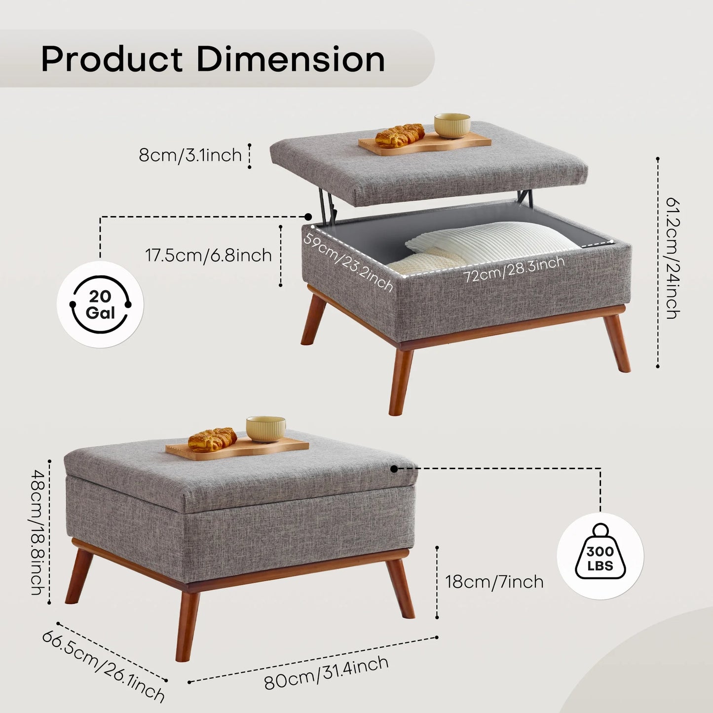 Salontafel – Opbergtafel – Tafel Met Opbergruimte – Verstelbare Salontafel – Liftbaar Tafelblad – Massief Houten Frame - 80 x 60 x 48 cm - Grijs