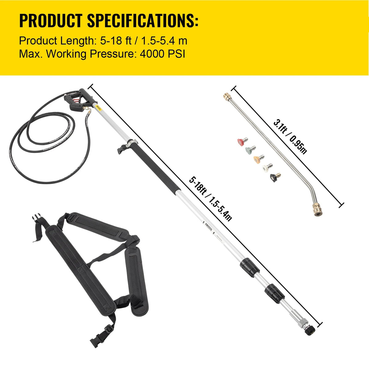 Hogedrukreiniger - Hogedrukspuit -Accessoires voor hogedrukreinigers -Telescopische hogedrukreinigerstang - 4000psi met riem 3/8” - 5-18 ft - voor hogedrukreinigersproeier - QUORE