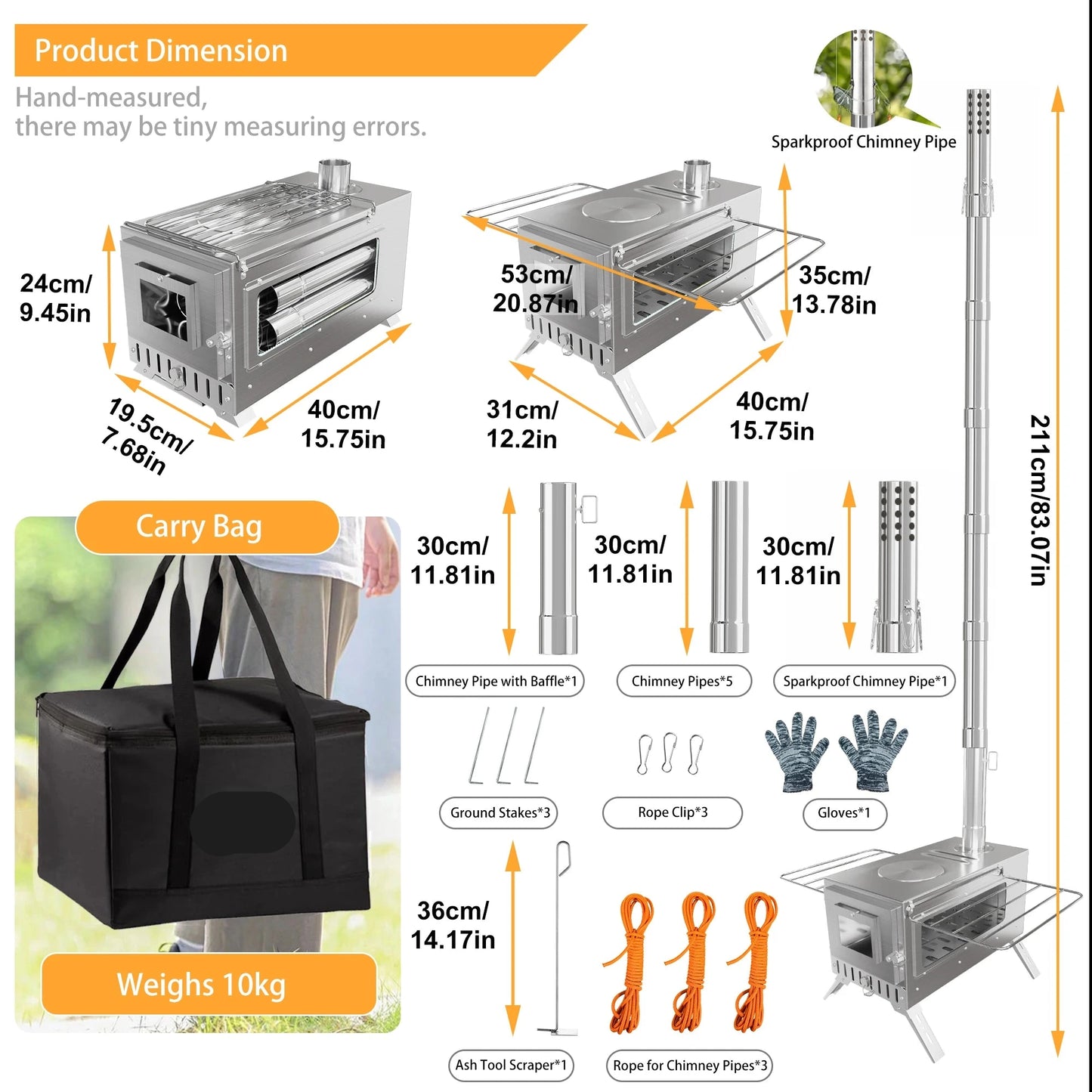 Camping Houtkachel - Houtkachel Stove - Draagbaar Houtkachelfornuis - Outdoor Houtkachel - RVS - Lichtgewicht - Houtskool Barbecues - voor Tentverwarming & Outdoor Cooking - Zilver - QUORE