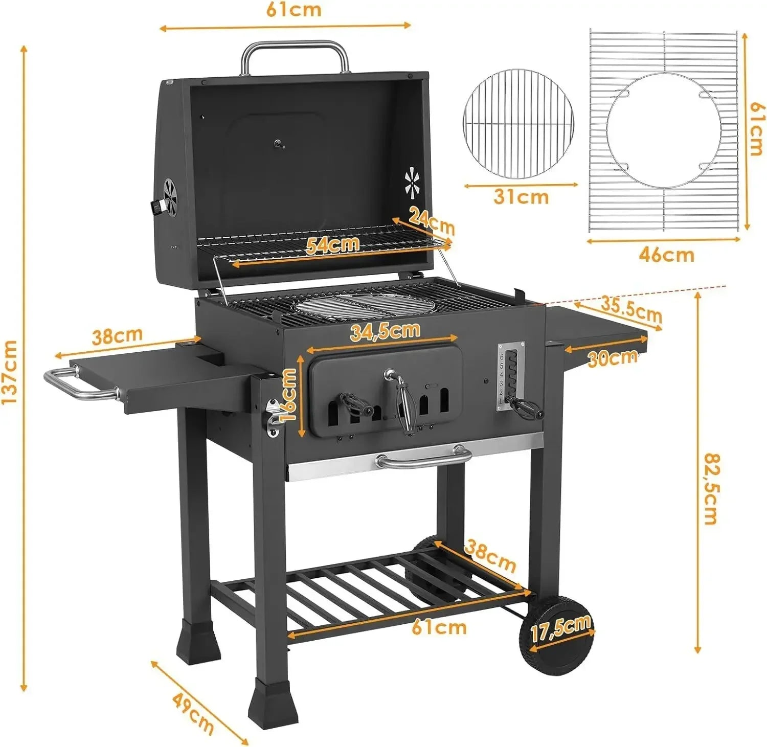 Houtskoolbarbecue – BBQ Grill – Barbecue – Houtskool BBQ – Tuinbarbecue – Grote Grillruimte 64x46 cm – Verstelbare Houtskoollade Met Thermometer - QUORE