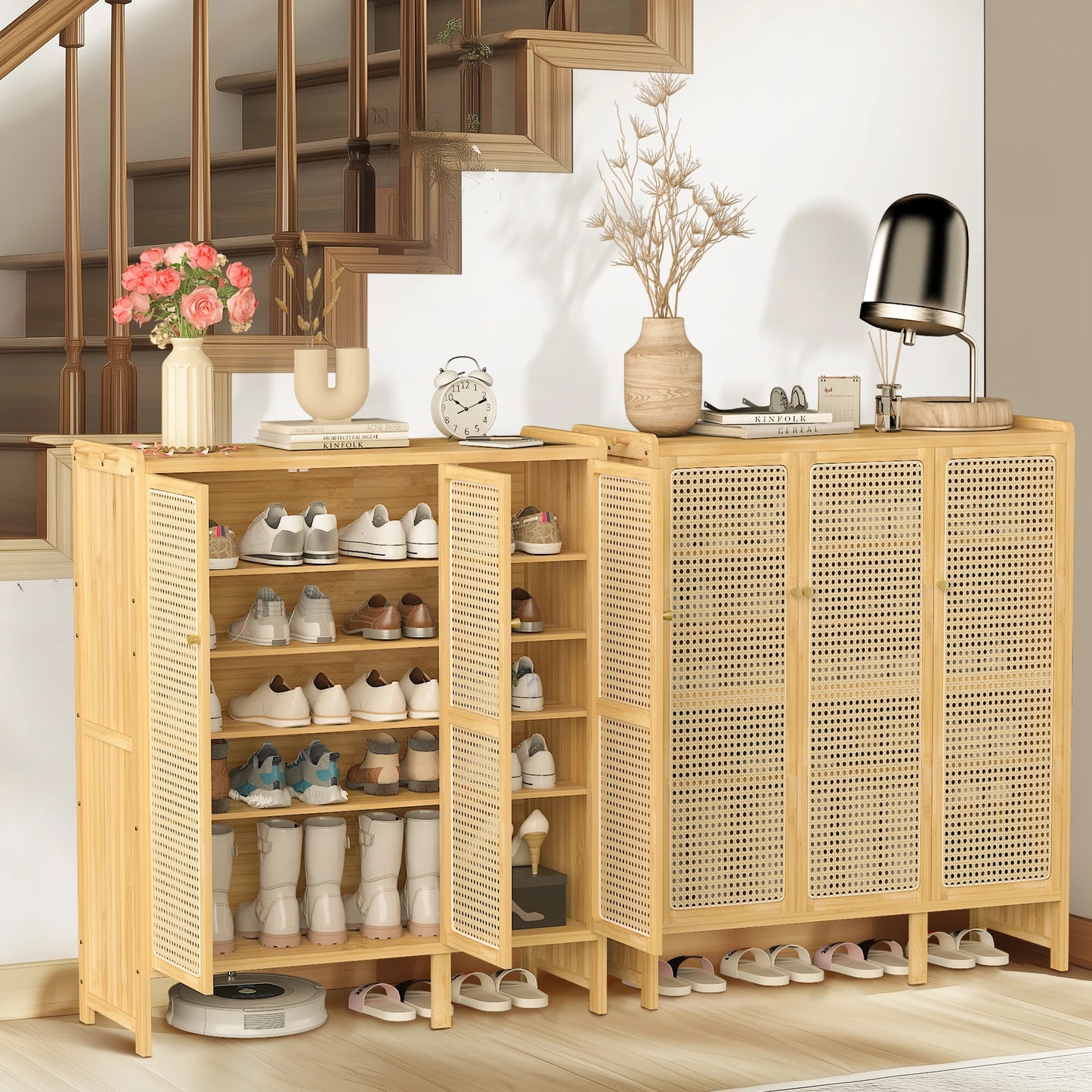 20 Pairs Bamboo Shoe Storage Cabinet 107cm Tall Rattan Shoe Cabinet with Doors and 6-Tier Shelves for Entryway Hallway Closet