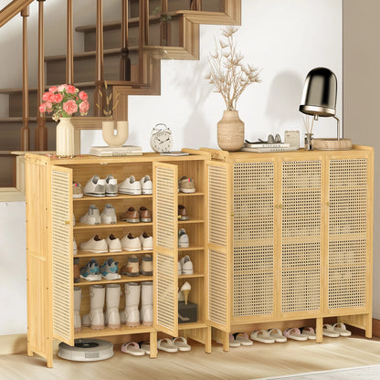 20 Pairs Bamboo Shoe Storage Cabinet 107cm Tall Rattan Shoe Cabinet with Doors and 6-Tier Shelves for Entryway Hallway Closet