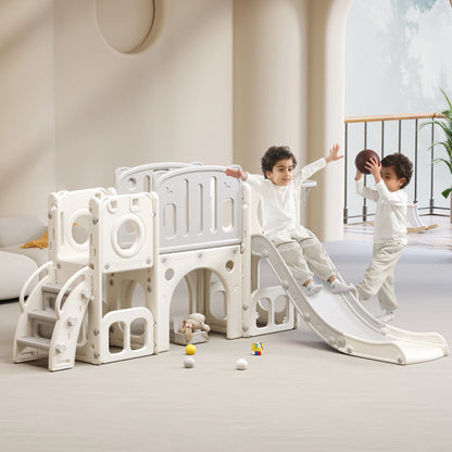 6-in-1 Speelset Kinderen – Glijbaan – Klimrek – Schommel – Basketbalring – Veilig HDPE Kunststof – Compact Ontwerp 174x150x95 cm