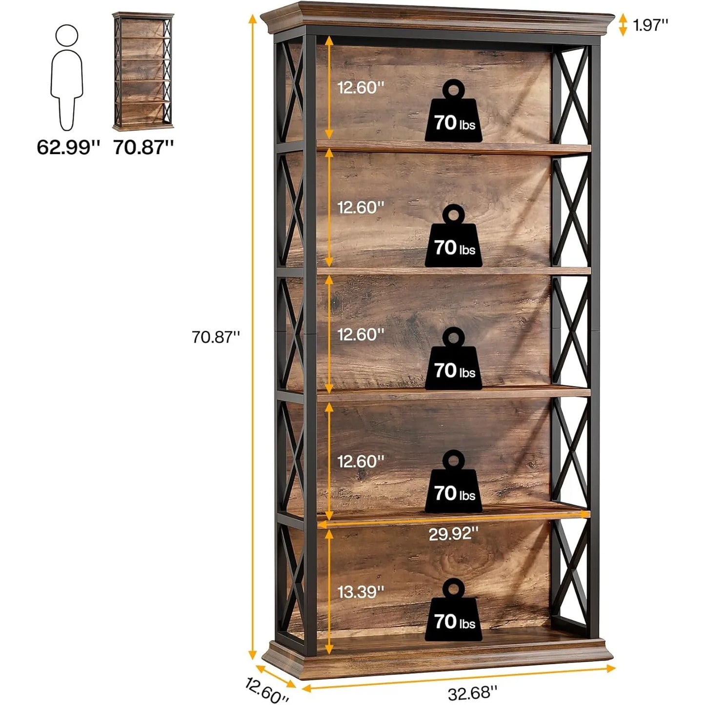 Boekenkast – Boekrek – Wandkast – Opbergkast – Industrieel Design – Stalen Frame – Waterbestendige MDF Planken - 80 x 30 x 180 cm - Bruin