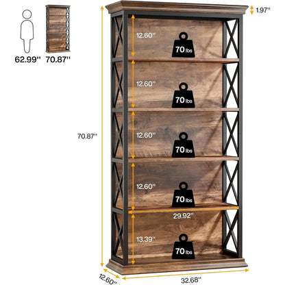 Boekenkast – Boekrek – Wandkast – Opbergkast – Industrieel Design – Stalen Frame – Waterbestendige MDF Planken - 80 x 30 x 180 cm - Bruin