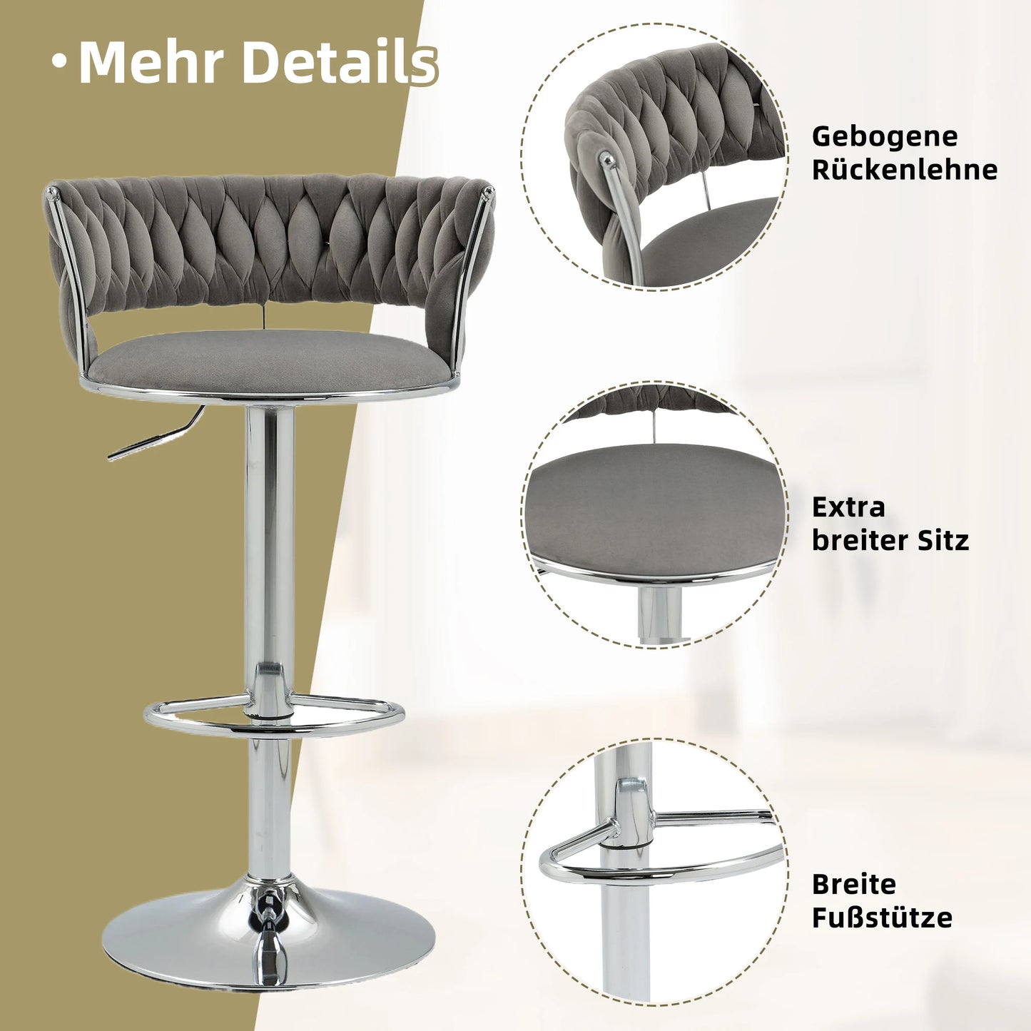 Barkrukken – Draaibare Krukken – Keukenstoelen – Barstoelen – 360 Graden Draaibaar – Verstelbare Hoogte – Velvet Bekleding - 54 x 46 x 97 cm - Grijs
