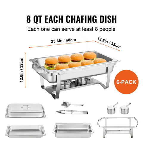 Buffet Chafing Dishes - Non-Stick - Rectangle - Food Container for Baking BBQ Party - 6PCS - Stainless Steel Chafer - Silver