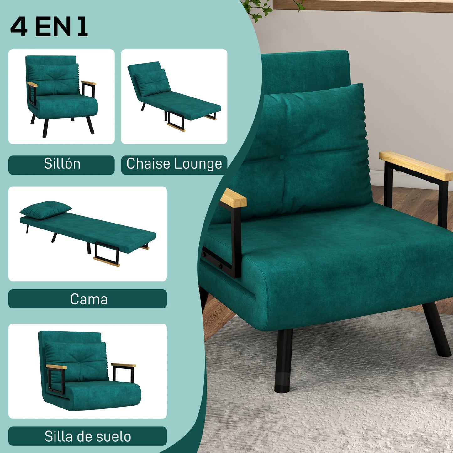 Bedbank – Slaapbank – Fauteuil – Slaapstoel – Bankbed – Verstelbare Rugleuning 5 Standen – Stalen Frame Met Fluwelen Bekleding - Groen