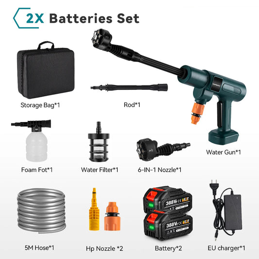 Draadloze Hogedrukreiniger - 200 Bar - 3500W Brushless Motor - Draagbare Ontwerp - 6-in-1 Spuitmond - Voor Auto - Tuin en Terras - Gebruiksvriendelijk - 2 Accu's met 1 Lader